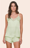 Short Doll Feminino em Satinê Regata com Alça Regulável, Renda no Busto e Shorts Fresh Mint
