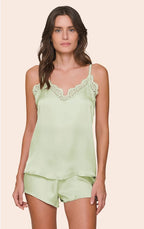 Short Doll Feminino em Satinê Regata com Alça Regulável, Renda no Busto e Shorts Fresh Mint