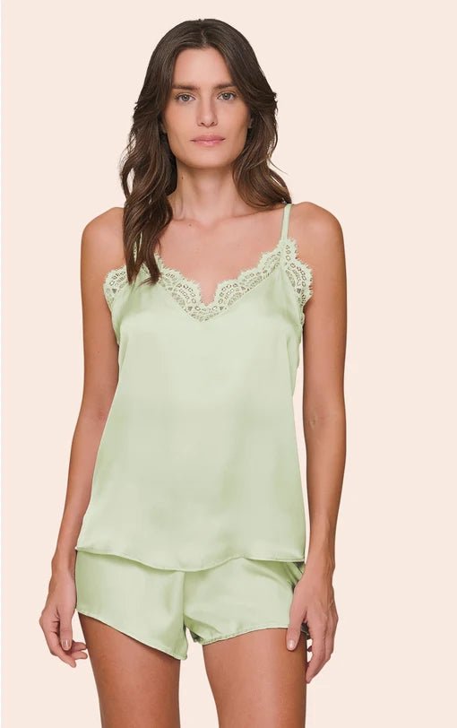 Short Doll Feminino em Satinê Regata com Alça Regulável, Renda no Busto e Shorts Fresh Mint