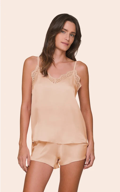 Short Doll Feminino em Satinê Regata com Alça Regulável, Renda no Busto e Shorts Sand Dreams