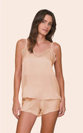 Short Doll Feminino em Satinê Regata com Alça Regulável, Renda no Busto e Shorts Sand Dreams