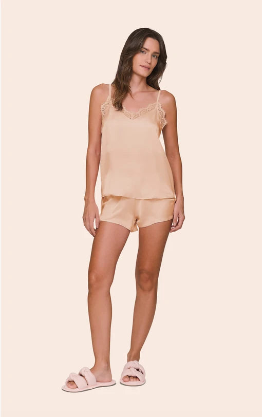 Short Doll Feminino em Satinê Regata com Alça Regulável, Renda no Busto e Shorts Sand Dreams