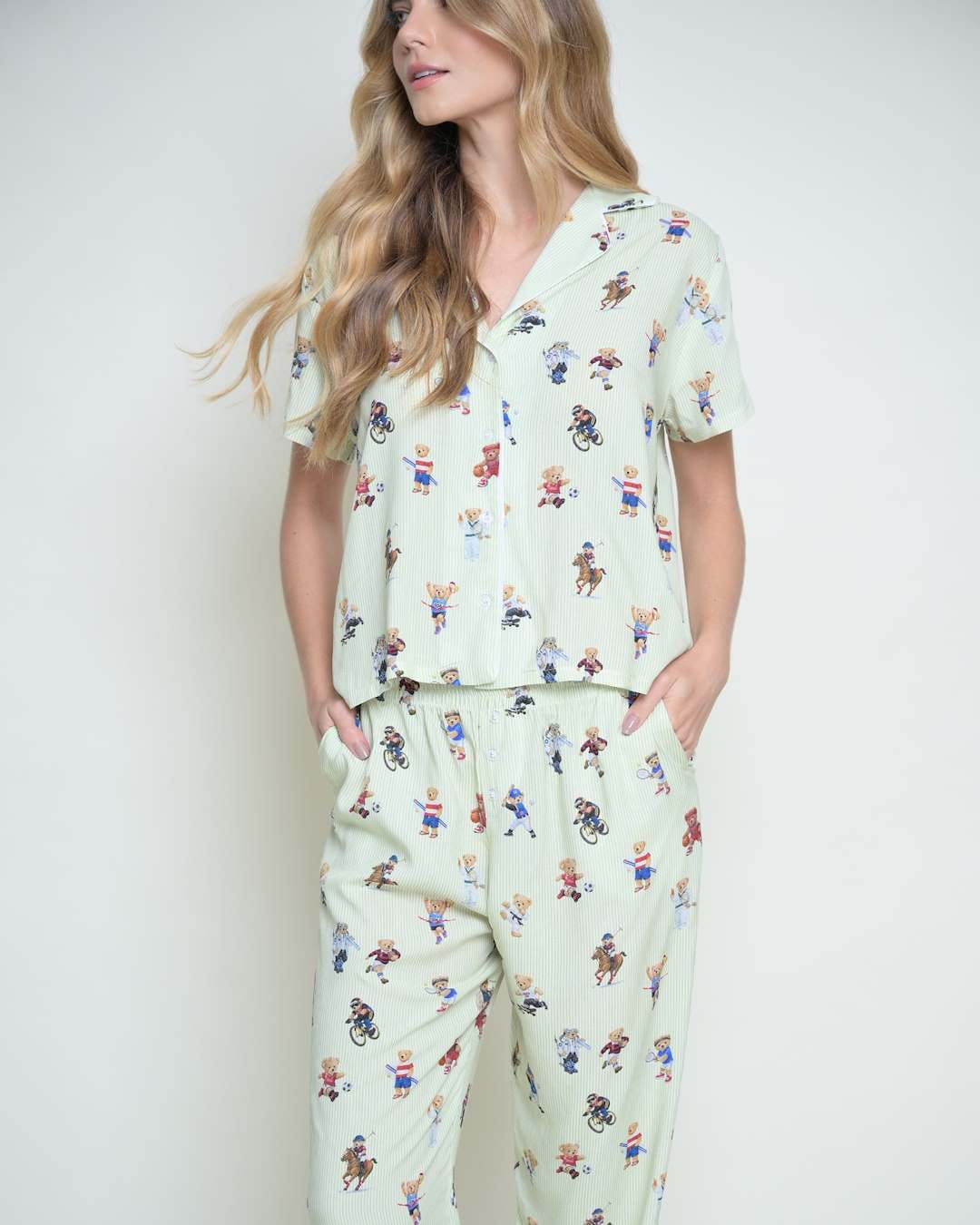 Pijama Feminino Verde de Botões Ursinho Turquesa