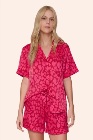 Pijama Aberto Feminino em Satinê Camisa com Botões e Short Wild Pink