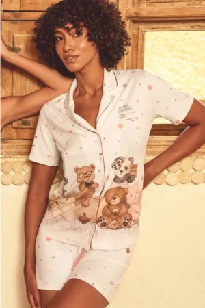 Pijama Aberto Feminino Camisa com Botões e Shorts A Hidden Place