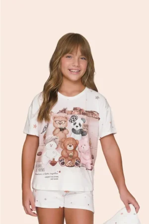 Pijama Curto Infantil Feminino Camiseta e Shorts com Laço A Hidden Place