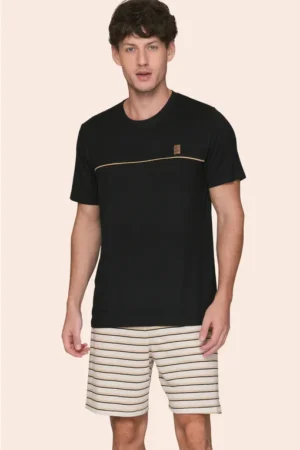Pijama Curto Masculino Camiseta e Shorts Listrado Pause Now