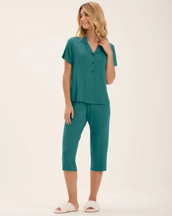 Pijama Feminino Manga Curta Americano Com Calça Capri - Imagem 2