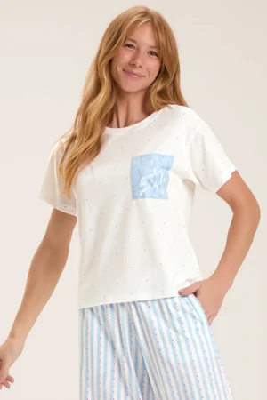 Pijama Feminino Manga Curta Com Calça Midi