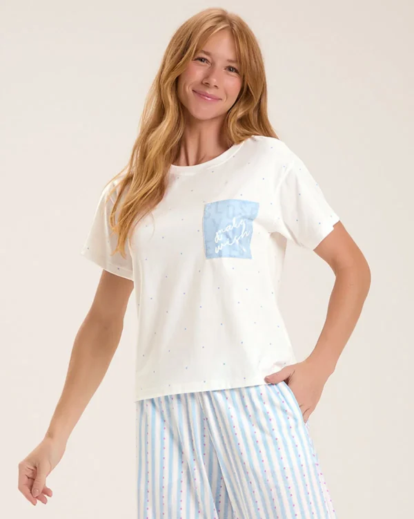 Pijama Feminino Manga Curta Com Calça Midi