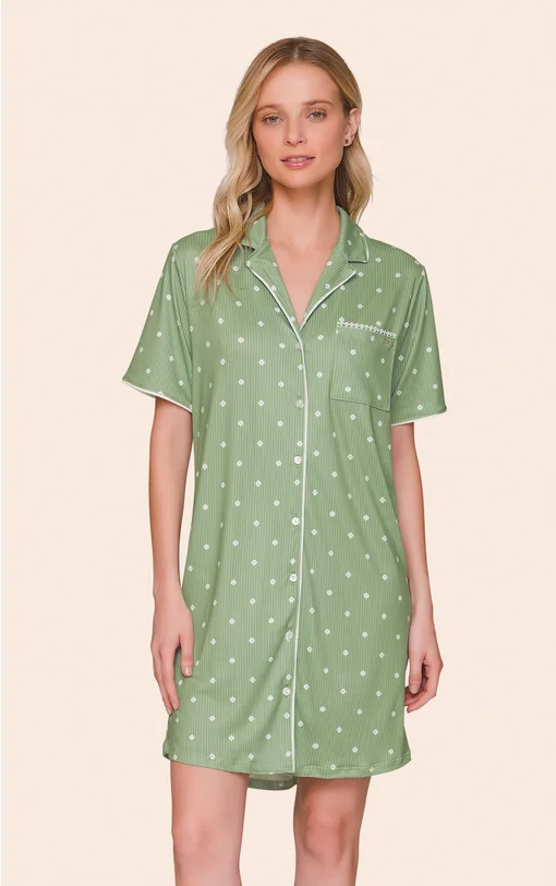 Camisola Feminina All Print Aberta Manga Curta com Botões e Bolso Minimalist