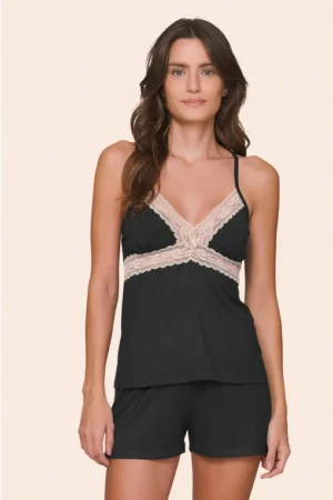Short Doll Feminino Regata com Alça Regulável, Decote V em Renda e Shorts Night Glam