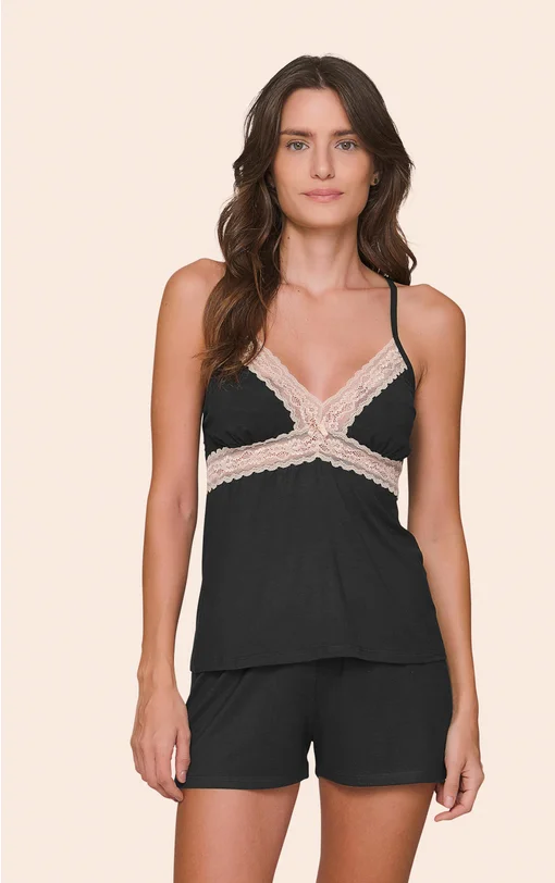 Short Doll Feminino Regata com Alça Regulável, Decote V em Renda e Shorts Night Glam
