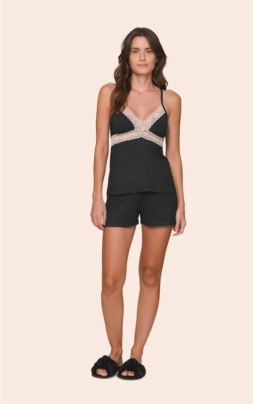 Short Doll Feminino Regata com Alça Regulável, Decote V em Renda e Shorts Night Glam - Imagem 3