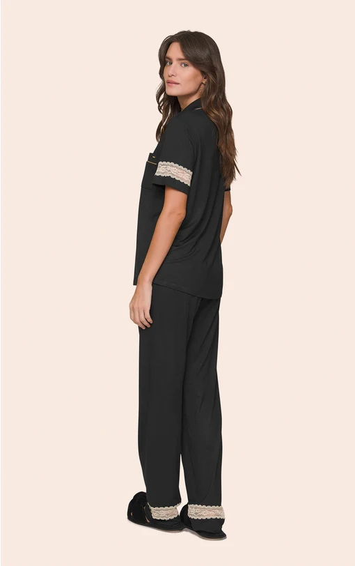 Pijama Aberto Feminino Camisa com Botões, Detalhes em Renda e Calça Reta Night Glam - Imagem 2
