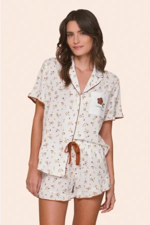 Pijama Aberto Feminino All Print Camisa com Botões e Shorts Marigold