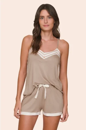 Short Doll Feminino Regata com Alça Regulável, Decote V com Detalhes e Shorts Pure Essence