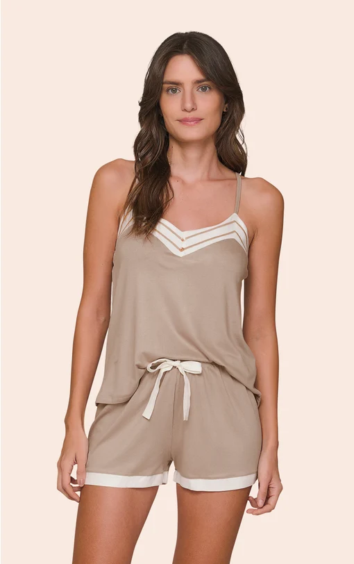 Short Doll Feminino Regata com Alça Regulável, Decote V com Detalhes e Shorts Pure Essence