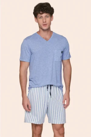 Pijama Curto Masculino Camiseta com Bolso e Shorts Listrado Best Time Ever