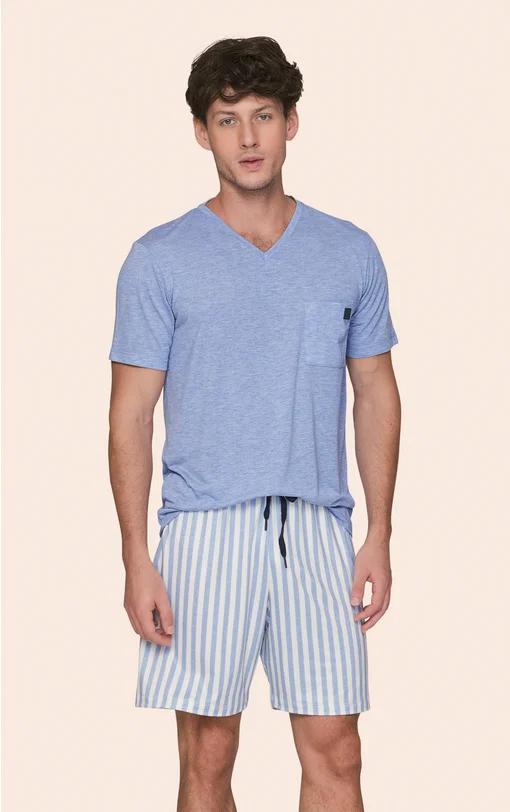 Pijama Curto Masculino Camiseta com Bolso e Shorts Listrado Best Time Ever