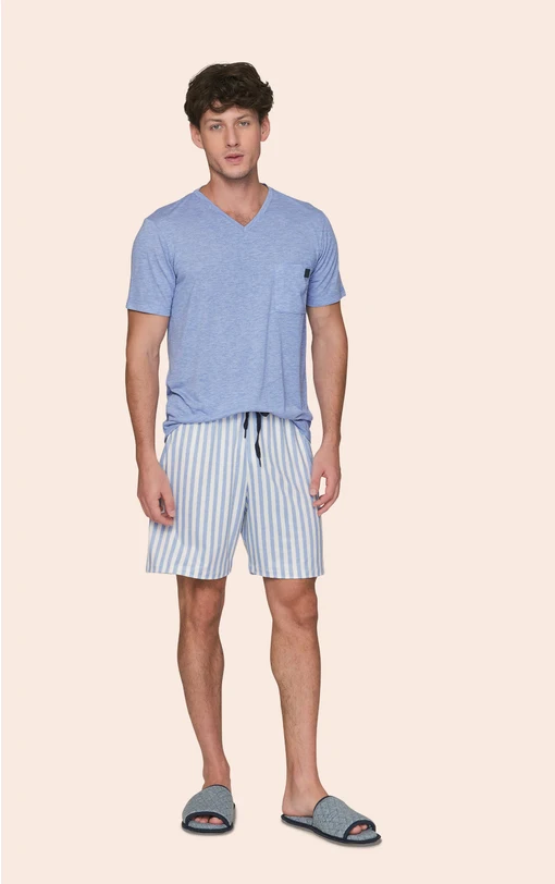 Pijama Curto Masculino Camiseta com Bolso e Shorts Listrado Best Time Ever - Imagem 3