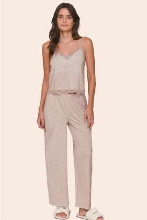 Pijama Feminino All Print Regata de Alças com Detalhes em Renda e Calça Reta Seren