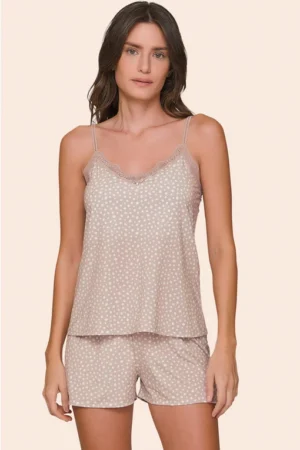 Short Doll Feminino All Print Regata com Alça Regulável, Decote V com Renda e Shorts Seren