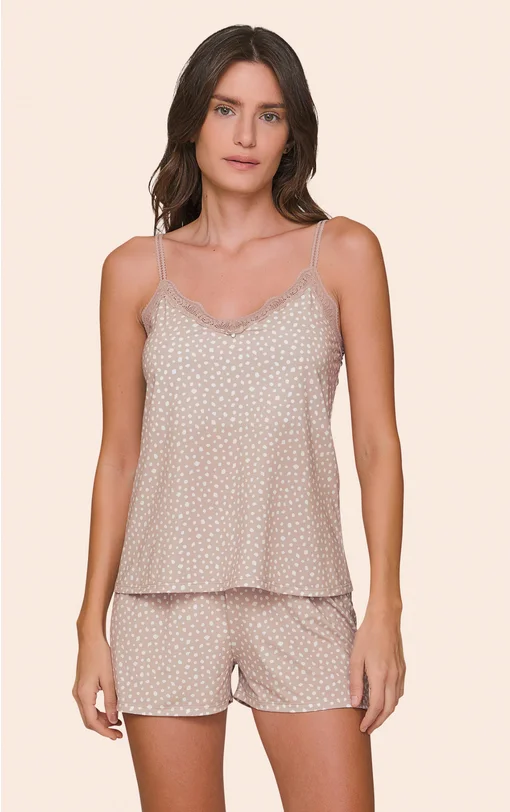 Short Doll Feminino All Print Regata com Alça Regulável, Decote V com Renda e Shorts Seren