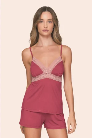 Short Doll Regata com Alça Regulável, Detalhe em Renda no Busto e Shorts Cherry Kiss