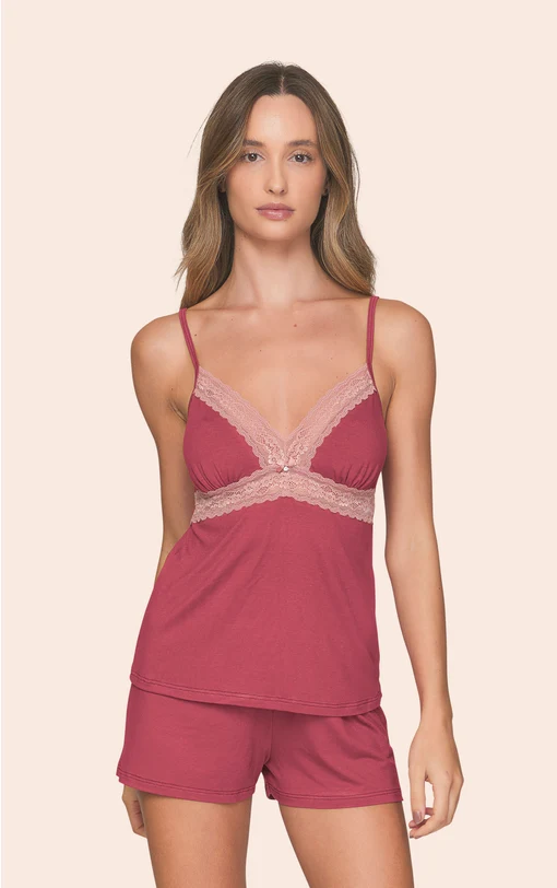 Short Doll Regata com Alça Regulável, Detalhe em Renda no Busto e Shorts Cherry Kiss