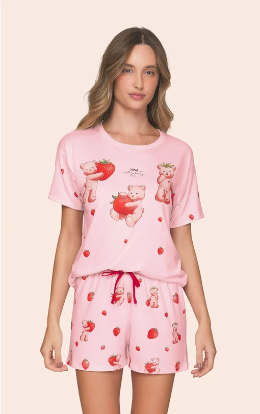Pijama Curto Feminino Camiseta Manga Curta e Shorts Nina Always In Love