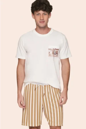 Pijama Curto Masculino Camiseta com Bolso e Shorts Listrado A Hidden Place