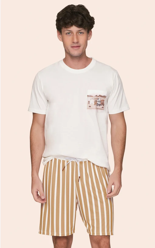 Pijama Curto Masculino Camiseta com Bolso e Shorts Listrado A Hidden Place