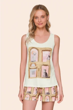 Pijama Feminino Regata com Decote Redondo e Shorts Sweet Cats