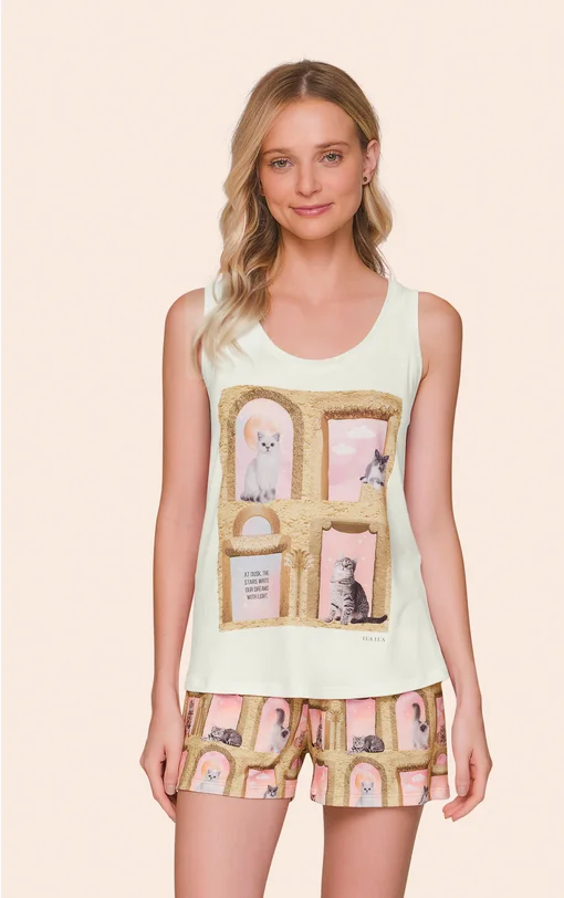 Pijama Feminino Regata com Decote Redondo e Shorts Sweet Cats