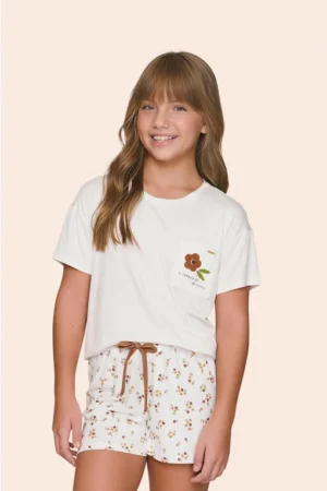 Pijama Curto Feminino Infantil Camiseta com Bolso Personalizado e Shorts Marigold