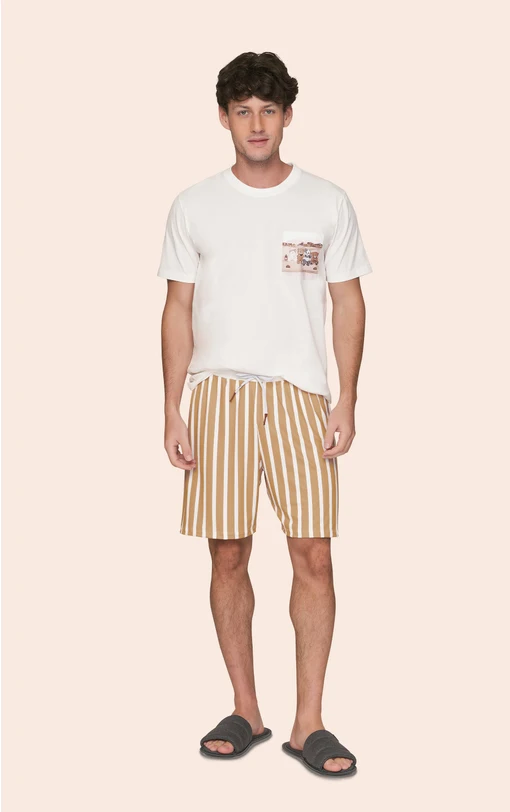 Pijama Curto Masculino Camiseta com Bolso e Shorts Listrado A Hidden Place - Imagem 4
