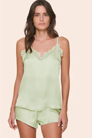 Short Doll Feminino em Satinê Regata com Alça Regulável, Renda no Busto e Shorts Fresh Mint