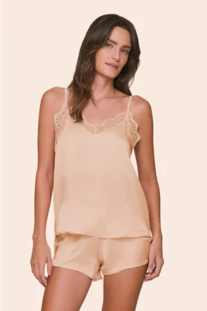 Short Doll Feminino em Satinê Regata com Alça Regulável, Renda no Busto e Shorts Sand Dreams