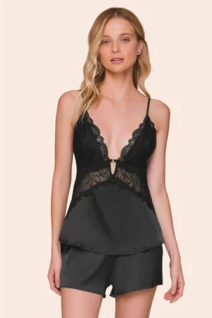 Short Doll Feminino em Satinê Regata com Alça Regulável, Busto em Renda e Shorts Dark Passion