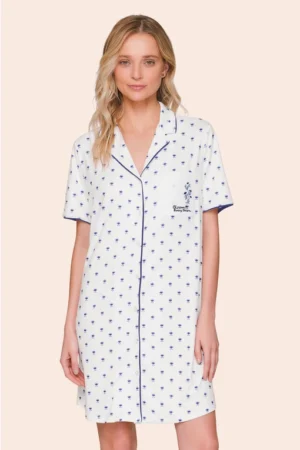 Camisola Feminina Aberta All Print Manga Curta com Botões Bloom In Blue