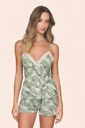 Short Doll Feminino Regata com Alça Regulável, Detalhes em Renda e Shorts Leaf Breeze