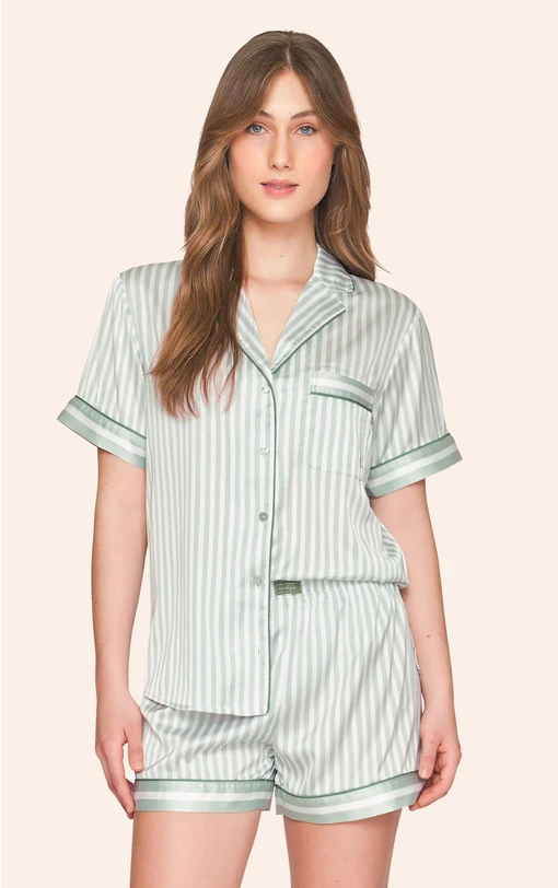 Pijama Aberto Feminino Short em Satinê Listrado Dreams Only - Imagem 3