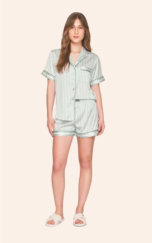 Pijama Aberto Feminino Short em Satinê Listrado Dreams Only