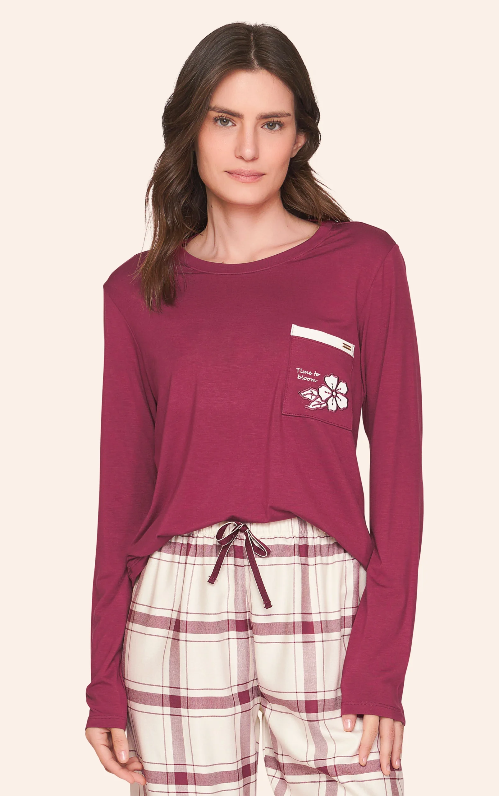 Pijama Comfort Feminino Xadrez com Bordado Vintage Bloom - Imagem 3