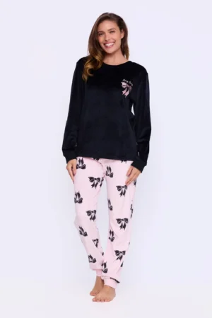 Pijama Plush Feminino Manga Longa Lacinho