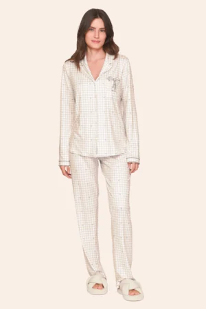 Pijama Aberto Feminino Xadrez com Bordado Slow Down