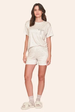 Pijama Curto Feminino Xadrez com Bordado Slow Down