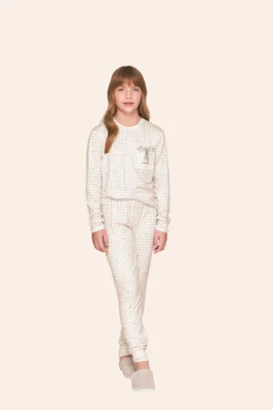 Pijama Jogger Infantil Feminino Xadrez com Bordado Slow Down